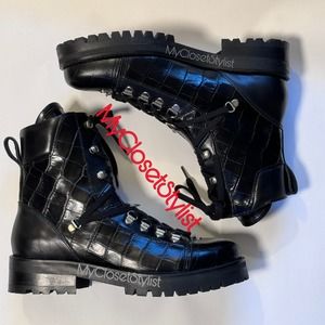 NEW! ALL SAINTS Black Leather Moto Boots 8 39 $428 in Box Croc Combat Motorcycle